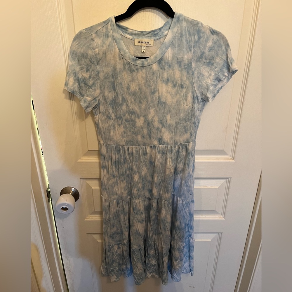 Blue tie dye print Tiered Dress